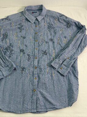 Pilcro Anthropologie Striped Embroidered Button Down Shirt Blue Long Sleeve Boho